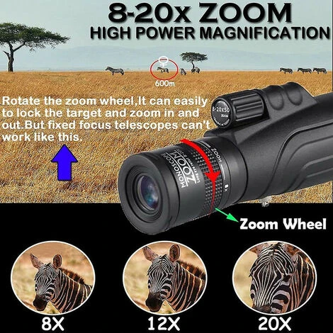 Mire Telescopique - Télescope Monoculaire Zoom 8-20x50, Télescope Monoculaire Haute Résolution, Longue-vue HD Portable étanche à Haute énergie Pour Voyage (noir)-BISBISOUS 4 Mire Telescopique - Télescope Monoculaire Zoom 8-20x50, Télescope Monoculaire Haute Résolution, Longue-vue HD Portable étanche à Haute énergie Pour Voyage (noir)-BISBISOUS – Image 2