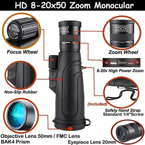 Mire Telescopique - Télescope Monoculaire Zoom 8-20x50, Télescope Monoculaire Haute Résolution, Longue-vue HD Portable étanche à Haute énergie Pour Voyage (noir)-BISBISOUS 5 Mire Telescopique - Télescope Monoculaire Zoom 8-20x50, Télescope Monoculaire Haute Résolution, Longue-vue HD Portable étanche à Haute énergie Pour Voyage (noir)-BISBISOUS – Image 3