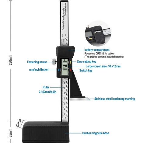 Jauge De Hauteur,0-150mm Jauge De Profondeur Numérique, LCD Digital Display Screen Précision Hauteur Ouverture Profondeur,avec Base Magnétique, Noir, Une Pièce, Lilaris 4 Jauge De Hauteur,0-150mm Jauge De Profondeur Numérique, LCD Digital Display Screen Précision Hauteur Ouverture Profondeur,avec Base Magnétique, Noir, Une Pièce, Lilaris – Image 2