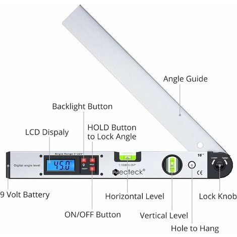 400 Mm/16 Pouces 0 225 ° Goniomètre Numérique Règle D'angle Horizontal Numérique Rétroéclairage LCD Rapporteur Horizontal 4 400 Mm/16 Pouces 0 225 ° Goniomètre Numérique Règle D'angle Horizontal Numérique Rétroéclairage LCD Rapporteur Horizontal – Image 2