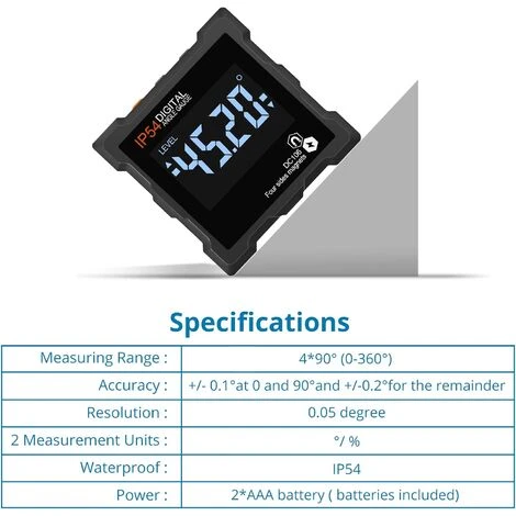 Inclinomètre Numérique LCD 360° Inclinometre Digital Magnétique Inclinomètre Electronique, Arrêt Automatique, Avec Rétro-Eclairage Magnétique, 4 Côtés Magnétiques, étanche IP54 (avec Piles) 6 Inclinomètre Numérique LCD 360° Inclinometre Digital Magnétique Inclinomètre Electronique, Arrêt Automatique, Avec Rétro-Eclairage Magnétique, 4 Côtés Magnétiques, étanche IP54 (avec Piles) – Image 4
