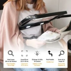 Grande Loupe Mains Libres Sur Pied 58 Cm - A Poser Sur Bureau / Table - Lampe 12 LED - Grossissement X 5 - Tête Flexible – Noir -Promos Outil Virtuose Magasin 62398154 3