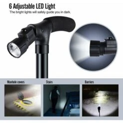 Canne De Marche Pliante Avec Lumière LED, Hauteur Réglable Bâton De Marche Pliable Pour Personnes Âgées, Pliable Et Portable - Noir