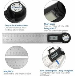 Règle D'angle Numérique, Rapporteur, Mesure De Longueur 200 Mm Et D'Angle En Acier Inoxydable Avec Maintien,Zéro Et Grand Ecran LCD, Système Mm/Inch, Pour Le Travail Du Bois -Promos Outil Virtuose Magasin 85704842 3