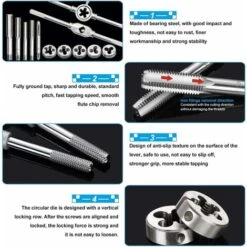 Lot De 12 Tarauds Et Filières En Acier Filière Filetage Professionnels M61.0 M71.0 M81.25 M101.5 M121.75 Pour Installation à Domicile Décoration Construction De Ponts Ferroviaires -Promos Outil Virtuose Magasin 90399656 3