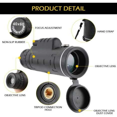 Télescope Monoculaire 40x60 Pour Adultes, Lunette Monoculaire étanche HD à Prisme Haute Puissance, Noir,BISBISOUS 4 Télescope Monoculaire 40x60 Pour Adultes, Lunette Monoculaire étanche HD à Prisme Haute Puissance, Noir,BISBISOUS – Image 2