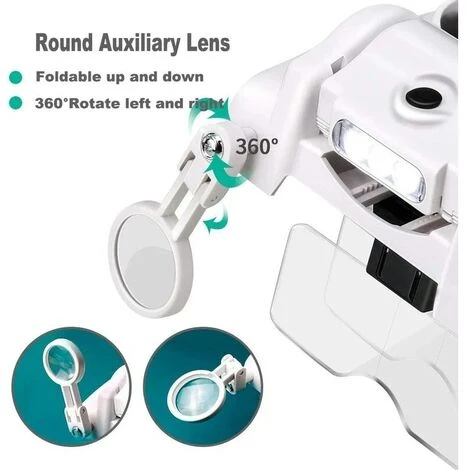 Loupe Frontale Grossissantes Lunettes Loupe Éclairante Avec 3 Lumières LED - 5 Lentilles Détachables 1.0X à 3.5X - 8X Lentille Secondaire - Bandeau Réglable Pour Réparations Couture Artisana 6 Loupe Frontale Grossissantes Lunettes Loupe Éclairante Avec 3 Lumières LED - 5 Lentilles Détachables 1.0X à 3.5X - 8X Lentille Secondaire - Bandeau Réglable Pour Réparations Couture Artisana – Image 4